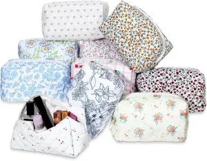 10 Pcs Cotton Floral Quilted Makeup Bags, Aesthetic Cosmetic Bags Portable Floral Makeup Pouch with Zipper Make Up Organizer for Women Travel Gifts