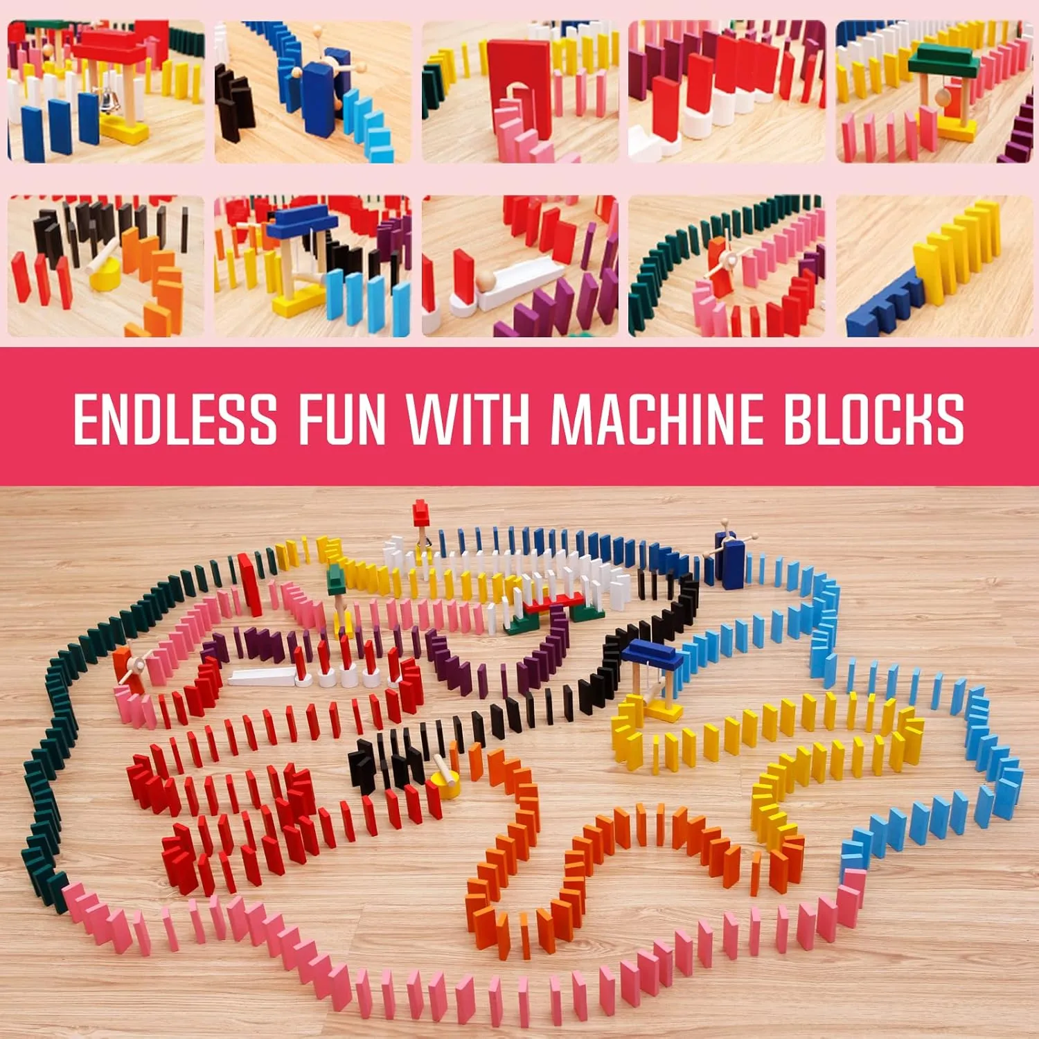 1000 PCS Dominoes Set for Kids with Extra 20 Blocks, Colorful Dominos Tiles for Building, Stacking, Racing, Tumbling, Wood Domino with Storage Bag and Box