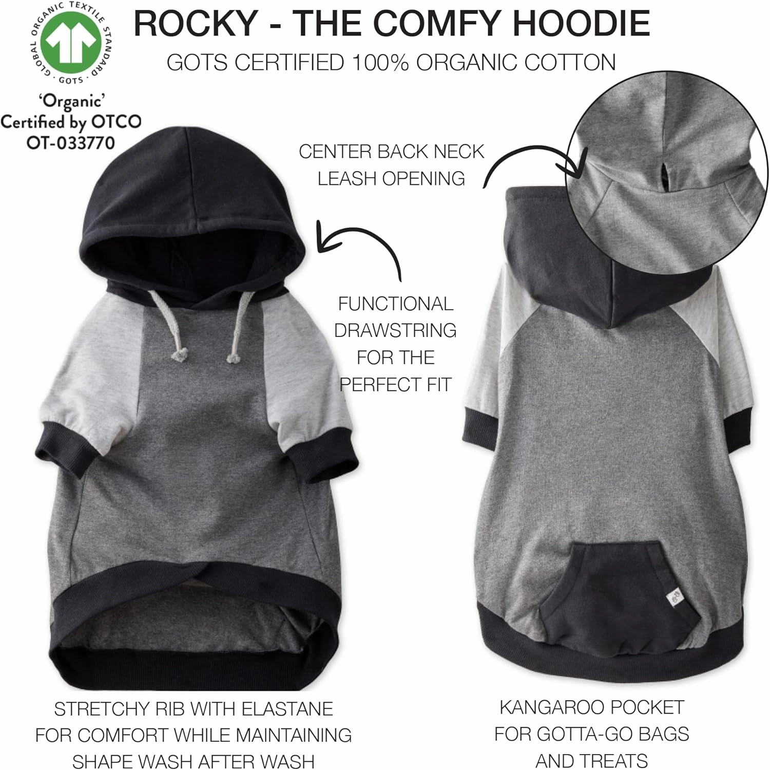 100% Organic Cotton Rocky - The Comfy Dog Hoodie Pet Coat for Small, Medium and Large Dogs, Black Color Block, Small