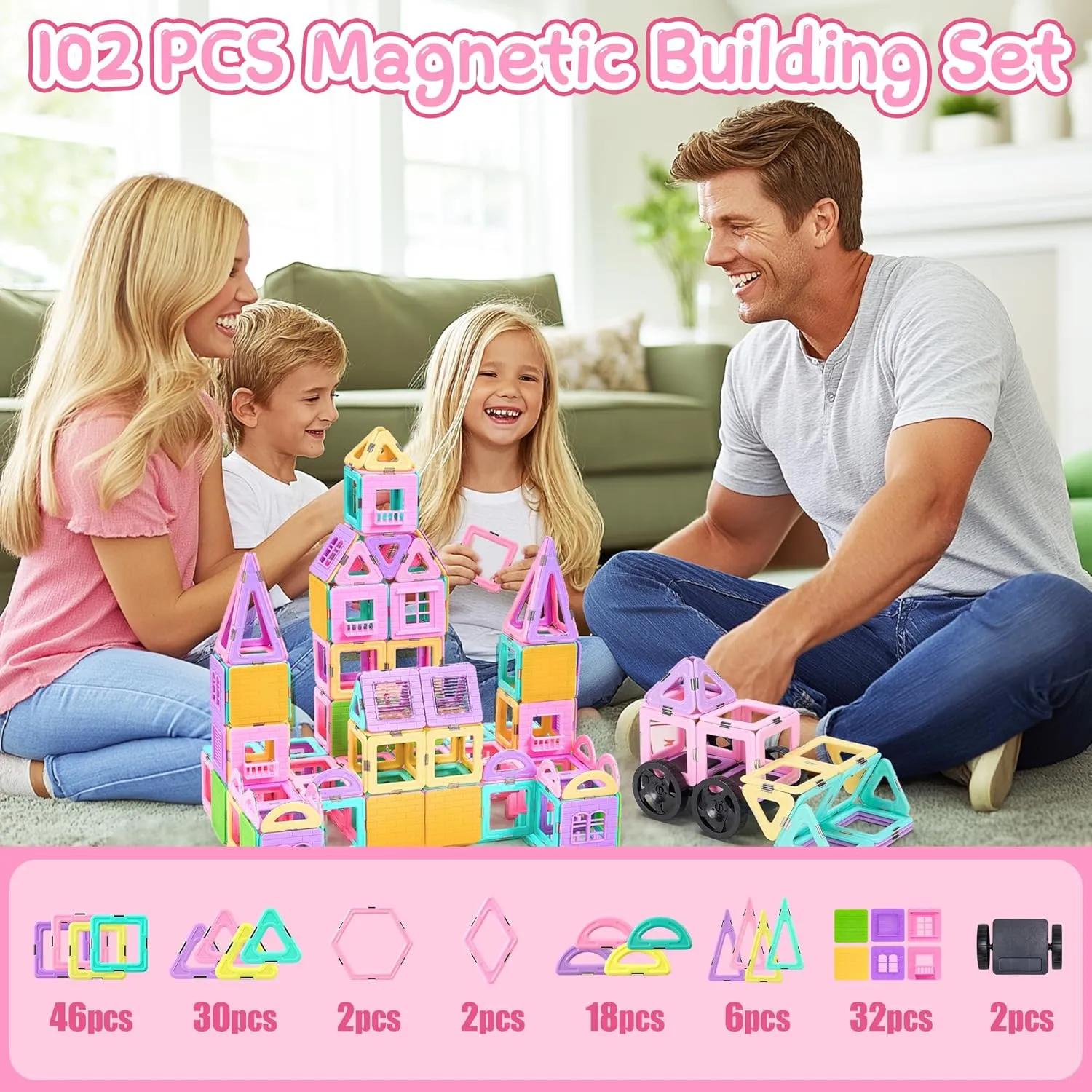 102 PCS Magnetic Tiles Set, Magnet Building Blocks Set with Car for Kids Ages 3 , STEM Educational Montessori Learning Construction Toys for 3 4 5 6 7 8   Year Old Toddlers Boys Girls Birthday Gifts