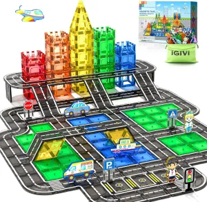 104 PCS Magnetic Tiles Road Set, STEM Magnet Building Blocks for Kids Toddler Toys Games, Christmas Birthday Gifts for 3  Year Old Boys Girls, Car Enthusiasts and Classroom Must Haves