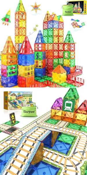 108PCS Magnetic Tiles Railroad Toppers Set Kids Toys Add-on Train Track Playset Playing with Trains Cars Preschool Learning Activities STEM Toys for Age 5-7