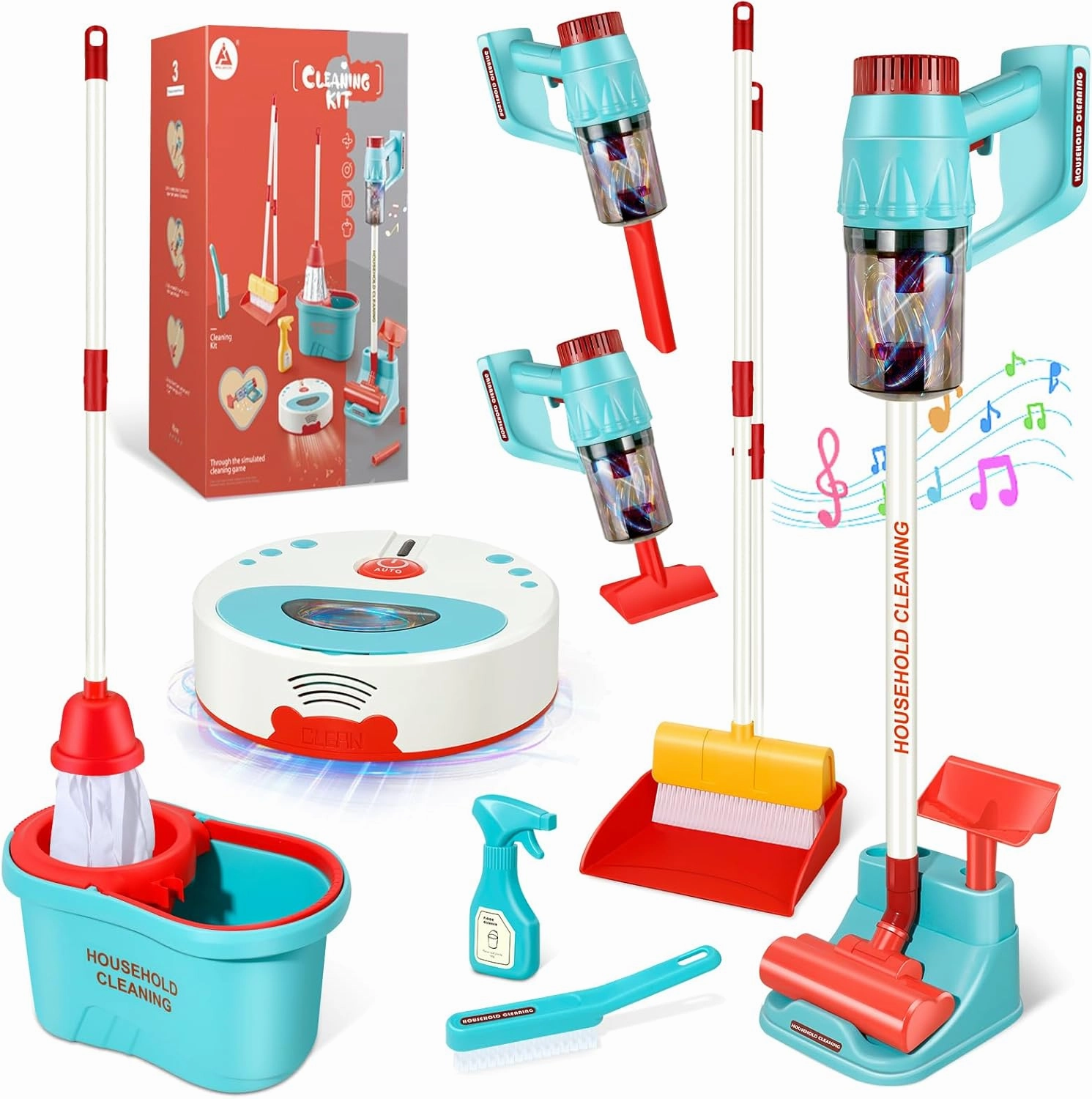 10 Pcs Kids Cleaning Toy Set, 3-in-1 Kids Vacuum That Really Works, Toddler Broom and Cleaning Set for Kids Play Home Cleaning - Perfect Toddler Vacuum Toy Gifts for Boys & Girls Ages 3 