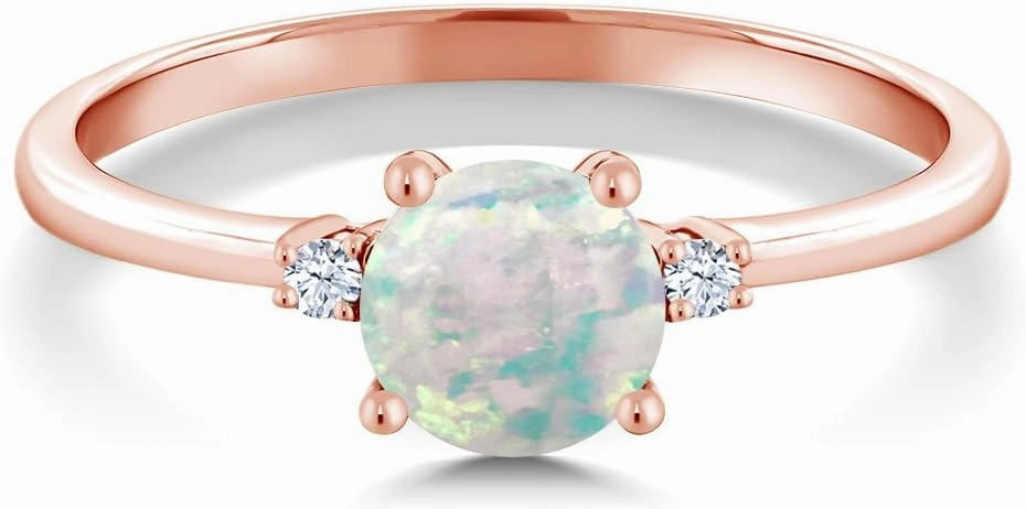 10K Rose Gold Simulated White Opal and White Created Sapphire Solitaire Engagement Ring For Women (0.33 Cttw, Round Cabochon 6MM, Gemstone October Birthstone, Available in Size 5,6,7,8,9)
