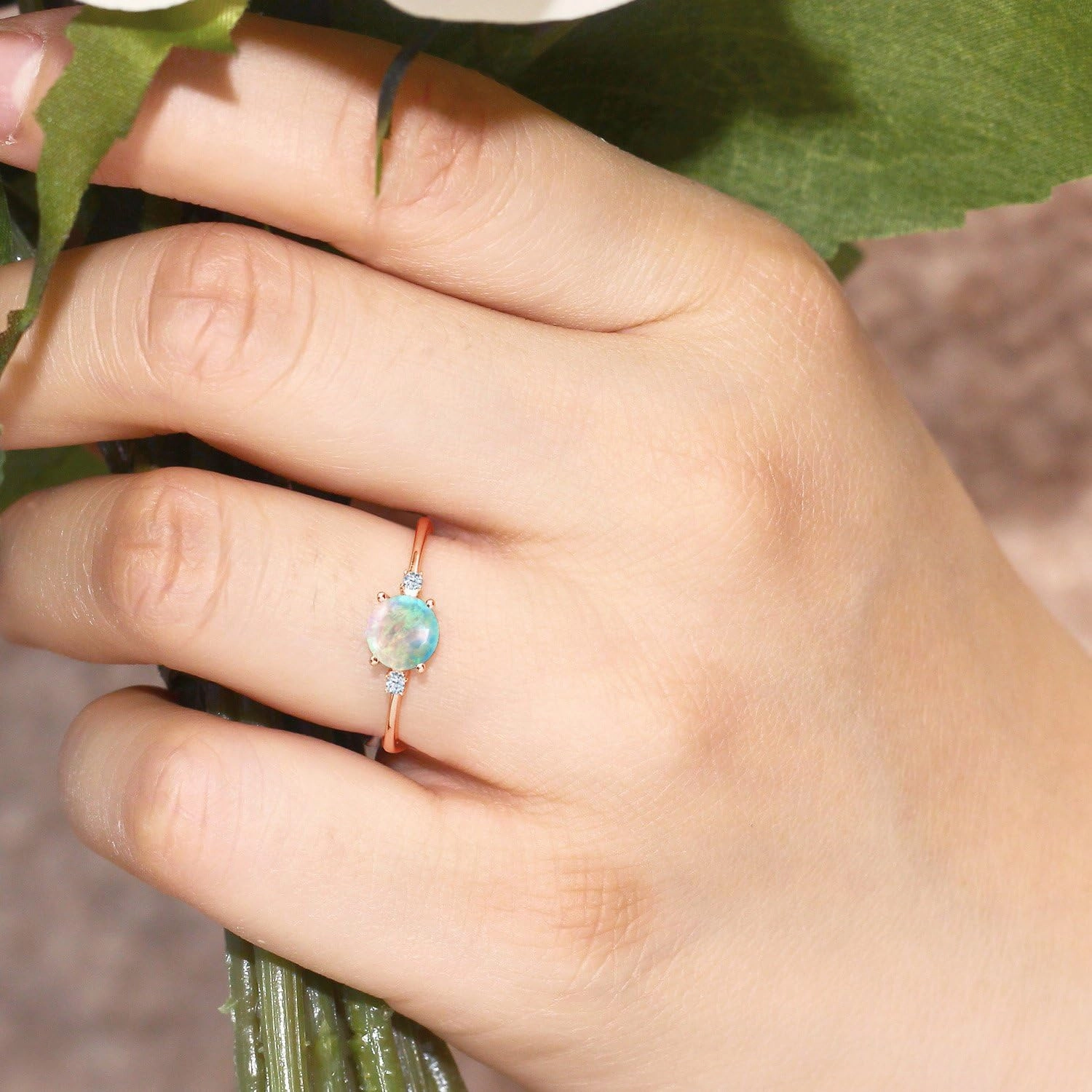 10K Rose Gold Simulated White Opal and White Created Sapphire Solitaire Engagement Ring For Women (0.33 Cttw, Round Cabochon 6MM, Gemstone October Birthstone, Available in Size 5,6,7,8,9)
