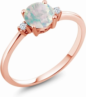 10K Rose Gold Simulated White Opal and White Created Sapphire Solitaire Engagement Ring For Women (0.33 Cttw, Round Cabochon 6MM, Gemstone October Birthstone, Available in Size 5,6,7,8,9)