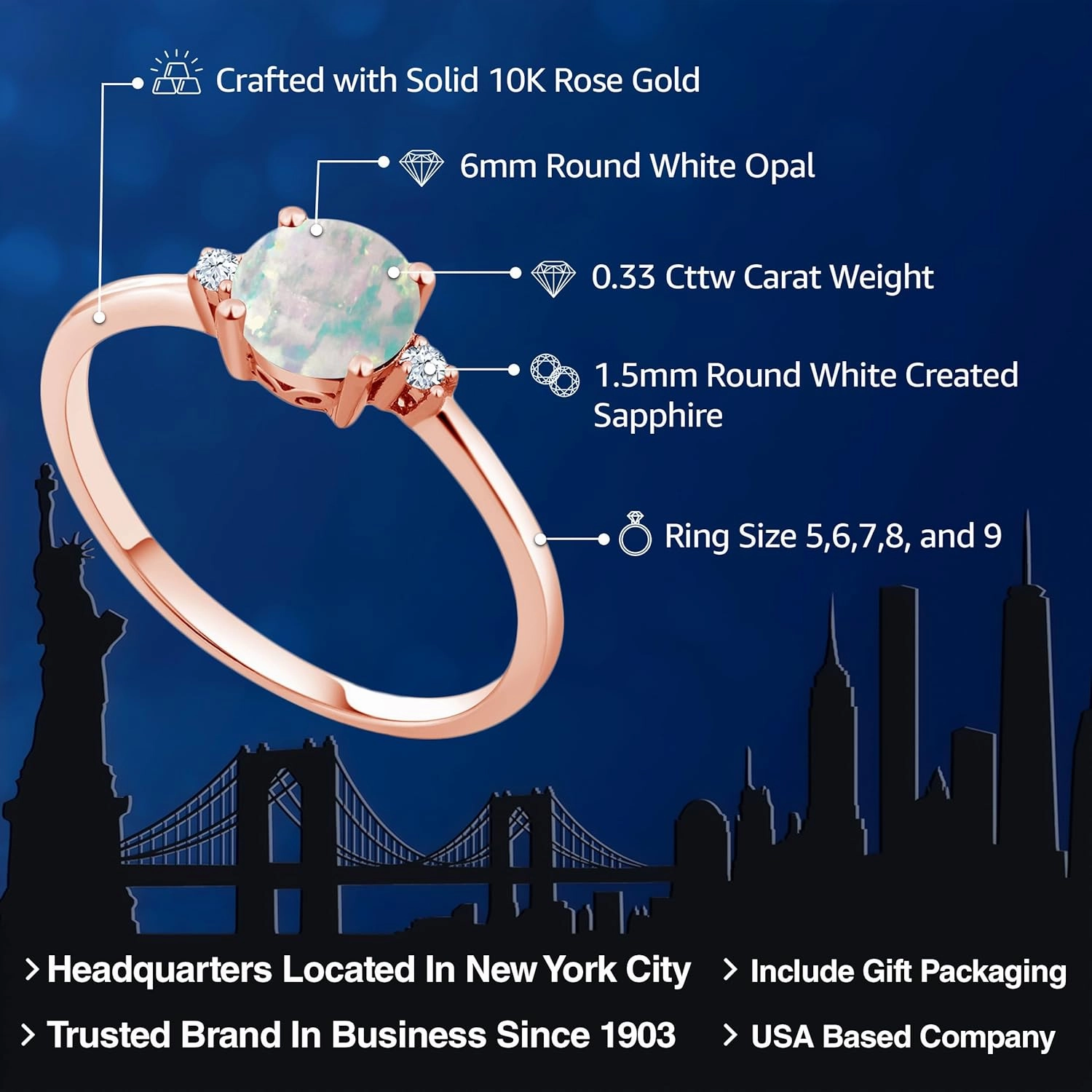 10K Rose Gold Simulated White Opal and White Created Sapphire Solitaire Engagement Ring For Women (0.33 Cttw, Round Cabochon 6MM, Gemstone October Birthstone, Available in Size 5,6,7,8,9)