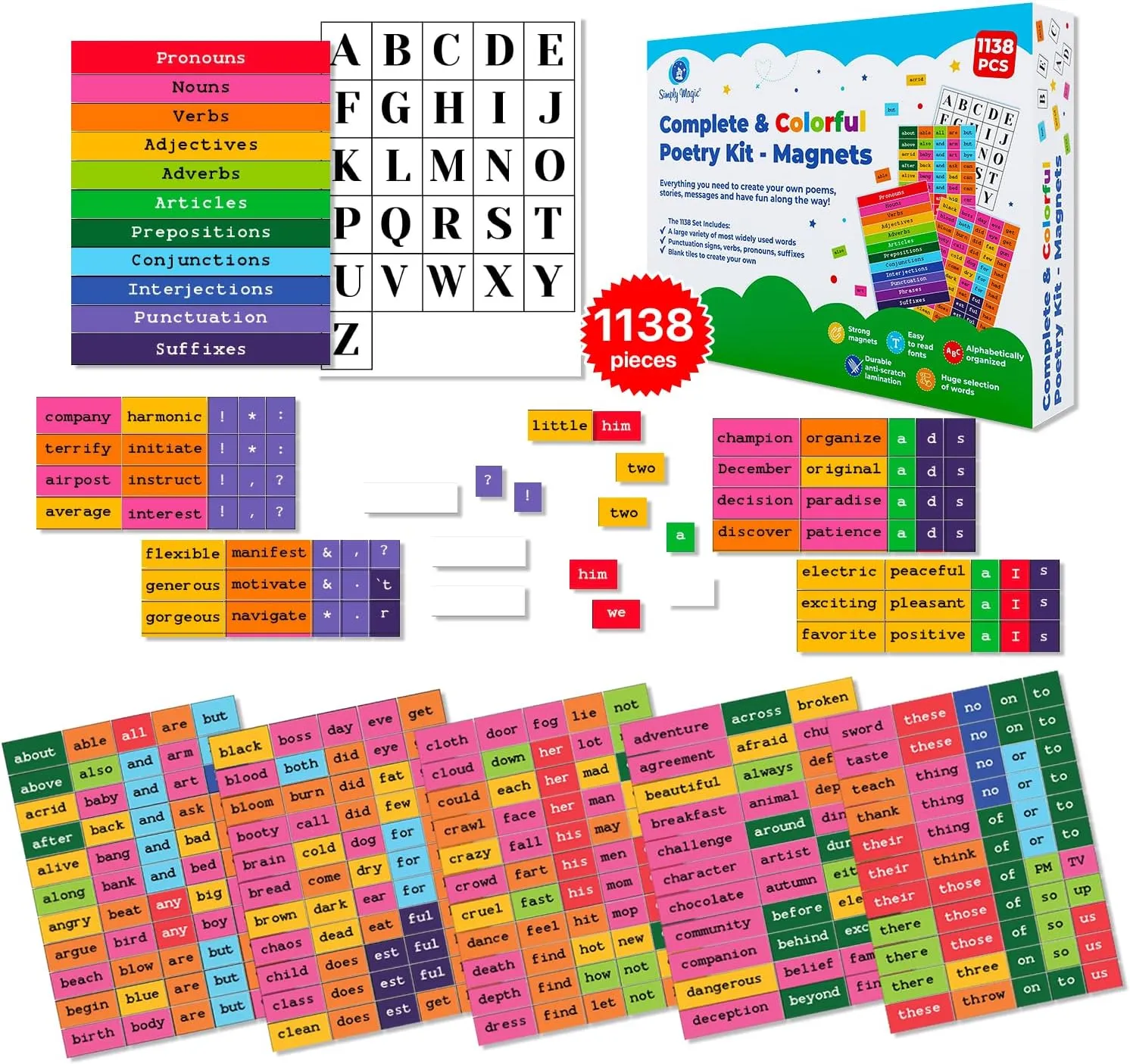 1138 PCS Colorful Poetry Magnets Kit - Complete Word Magnets for Fridge, Sentence Building, Create Poems & Conversations