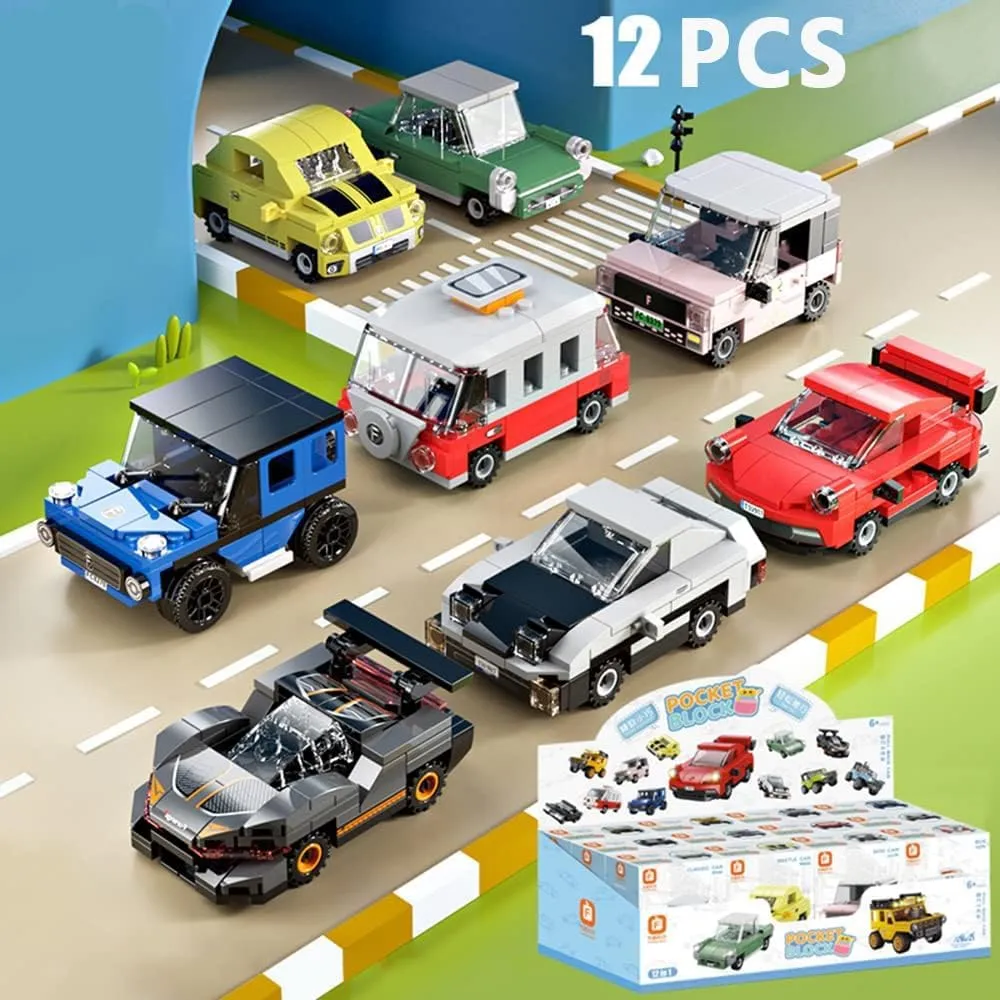 12 Pack Pull Back Car Building Blocks Toy Set - Motorcycle Building Set for Kids, Boys & Car Lovers Age 6 