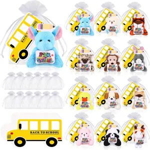 12 Set Welcome Back to School Gifts for Students Mini Stuffed Plush Animal Keychains Toys Bulk with Bus Tags Organza Goodie Bag for First Day of School Classroom Gift Party Favor