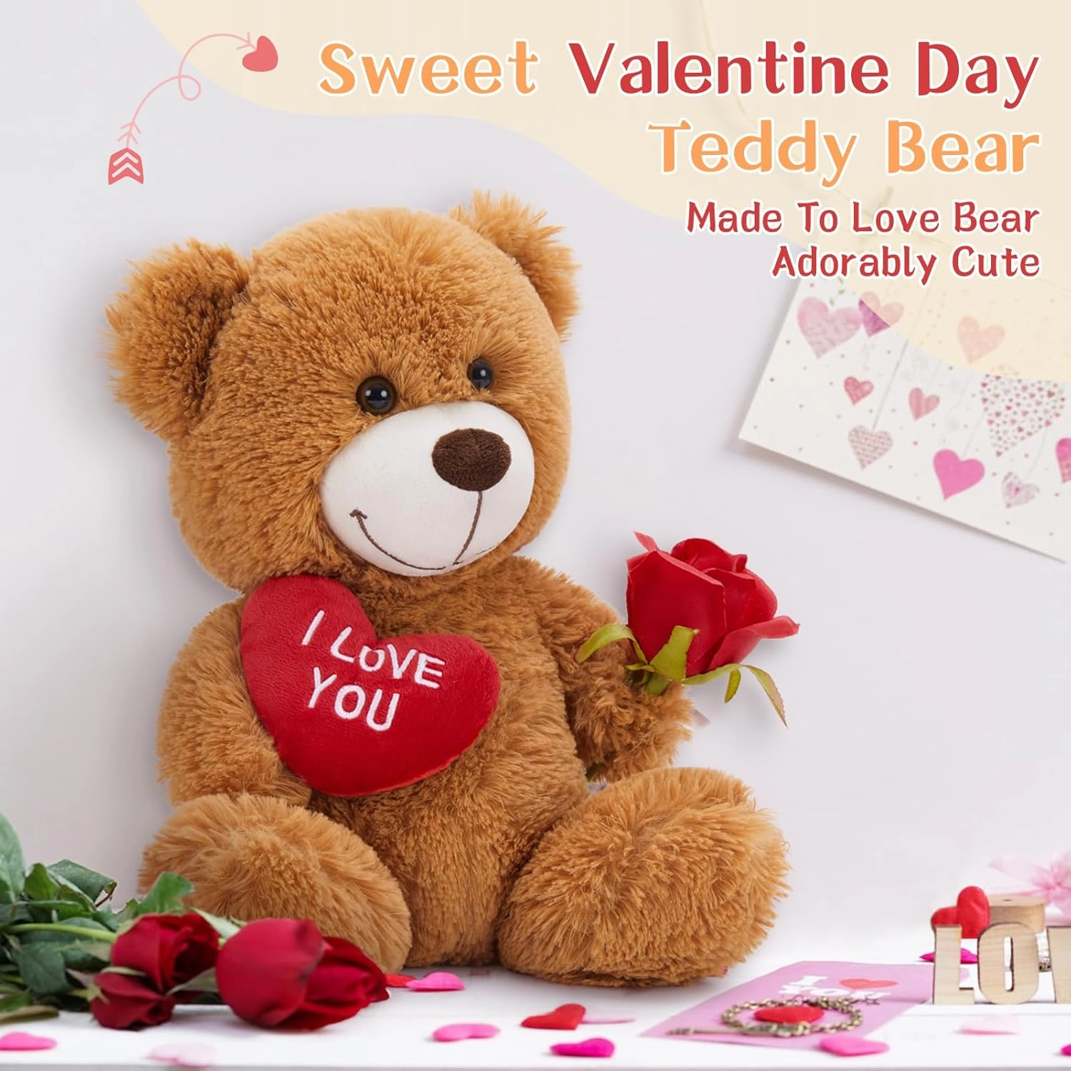 12" Teddy Bear with Heart, Cute Dark Brown Teddy Bear Stuffed Animals for Valentines Soft Bear Plushie Toy Stuffed Bear Plush Gifts for Girlfriend Kid, Christmas