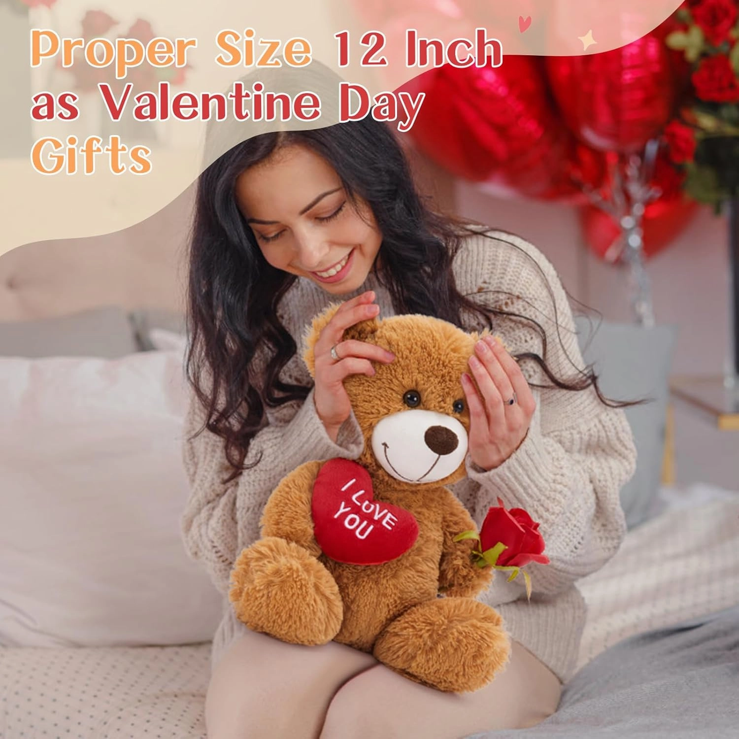 12" Teddy Bear with Heart, Cute Dark Brown Teddy Bear Stuffed Animals for Valentines Soft Bear Plushie Toy Stuffed Bear Plush Gifts for Girlfriend Kid, Christmas