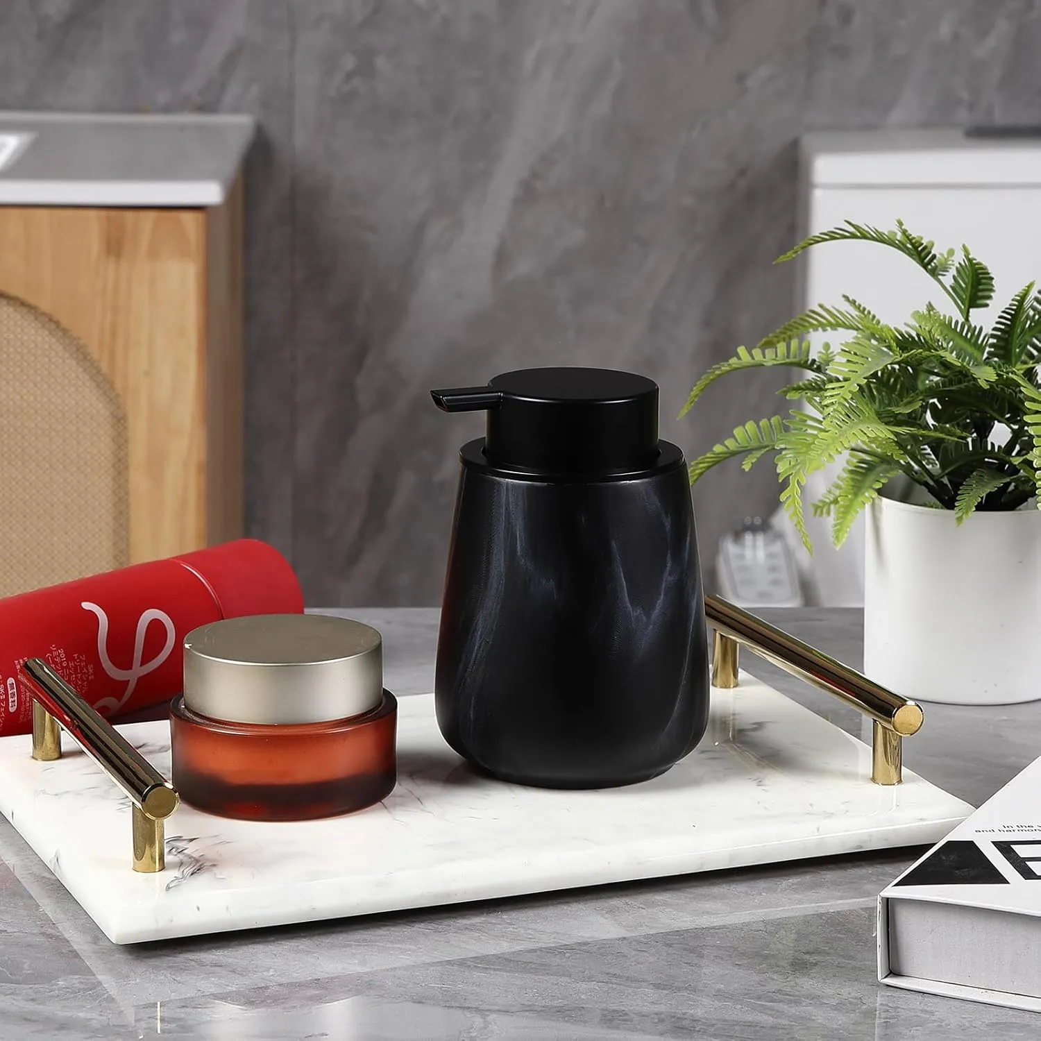 12Oz Ceramic Liquid Soap Dispenser - Modern Lotion Hand Soap Dispenser with Easy-to-Press Black Pump, Reusable and Refillable Dish Soap Dispensers for Bathroom & Kitchen, Marble Black