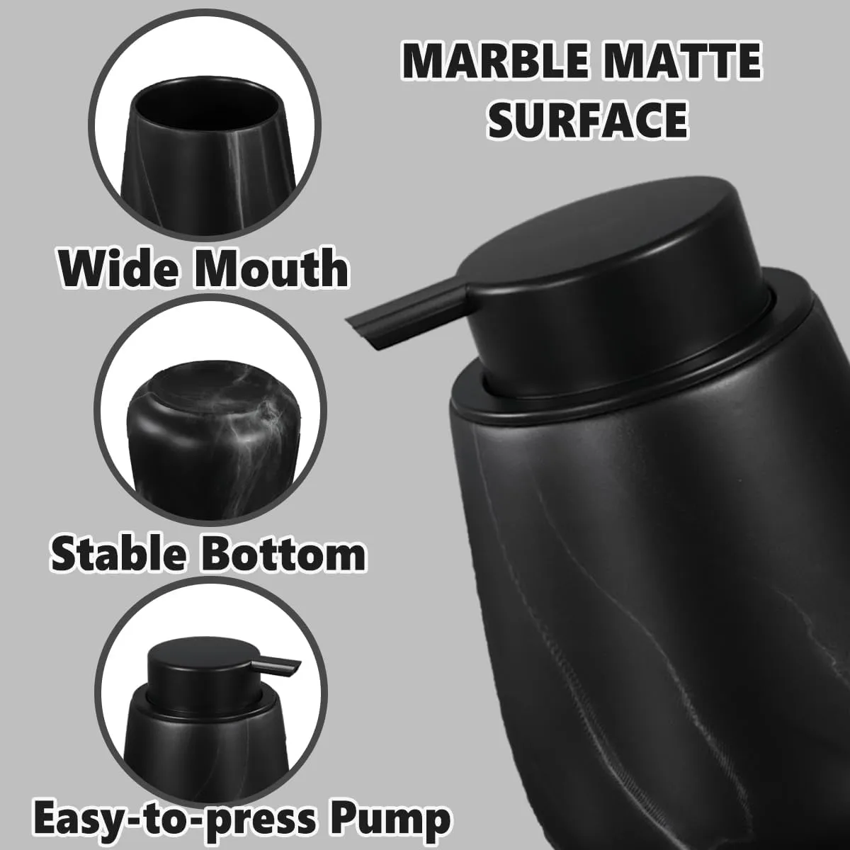 12Oz Ceramic Liquid Soap Dispenser - Modern Lotion Hand Soap Dispenser with Easy-to-Press Black Pump, Reusable and Refillable Dish Soap Dispensers for Bathroom & Kitchen, Marble Black