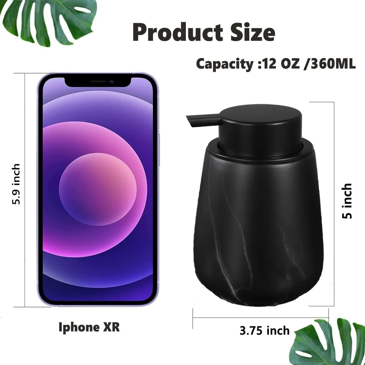 12Oz Ceramic Liquid Soap Dispenser - Modern Lotion Hand Soap Dispenser with Easy-to-Press Black Pump, Reusable and Refillable Dish Soap Dispensers for Bathroom & Kitchen, Marble Black