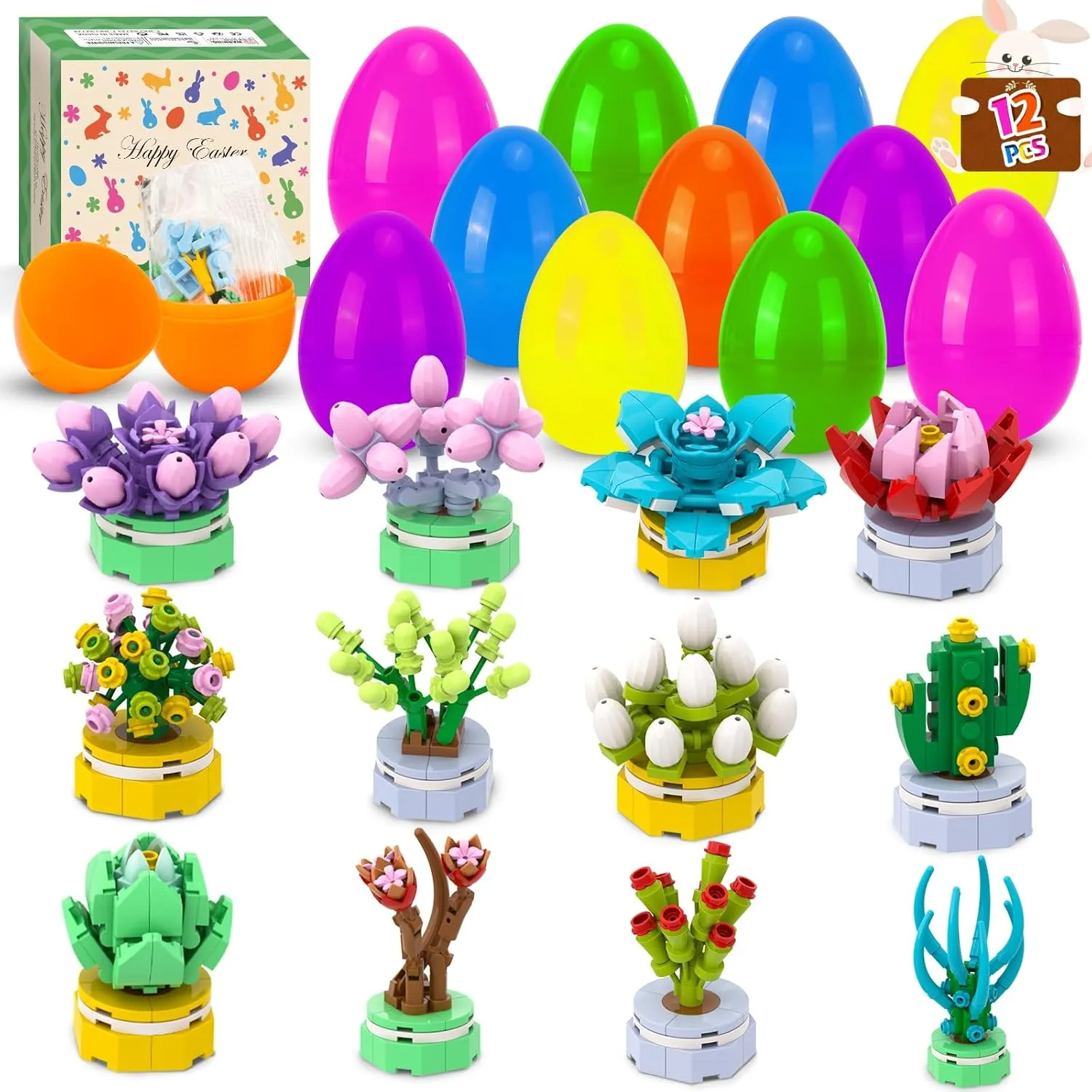 12pcs Prefilled Easter Eggs Filled Succulent Building Blocks Toys Inside for Easter Basket Stuffers, Egg Fillers and Egg Hunt, Teens Kids Girls Boys Party Favors Gifts