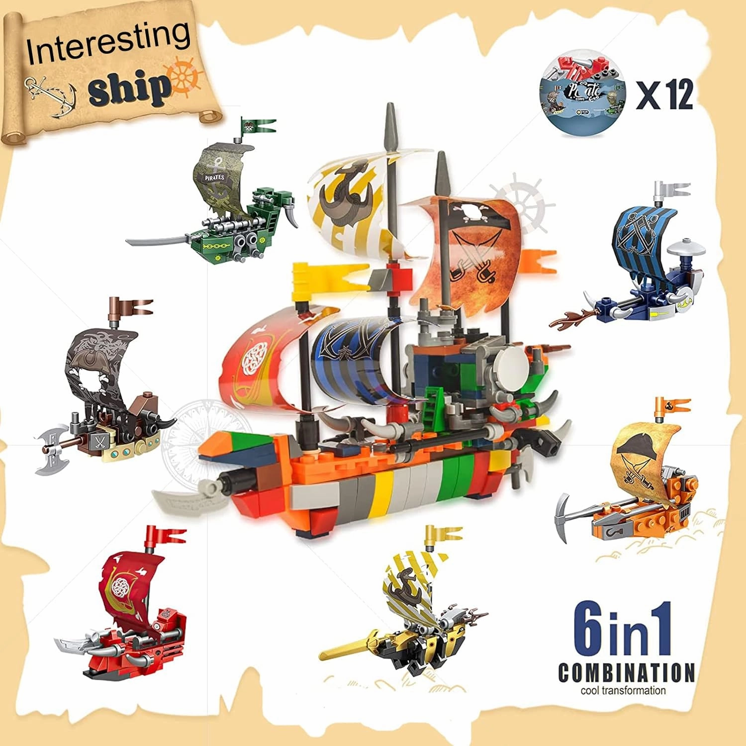 12PCS Pre Filled Easter Eggs with Ship Mini Building Block Toys - 6 in1 Ship Toys Sailboat Model Building Kits Hobby Toy for Kids Age 6  Years Old