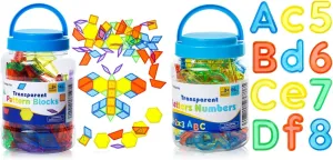 140 Pcs Translucent Pattern Blocks,Geometric Shapes - 66 Pcs Translucent Letters and Numbers – Light Table Toys
