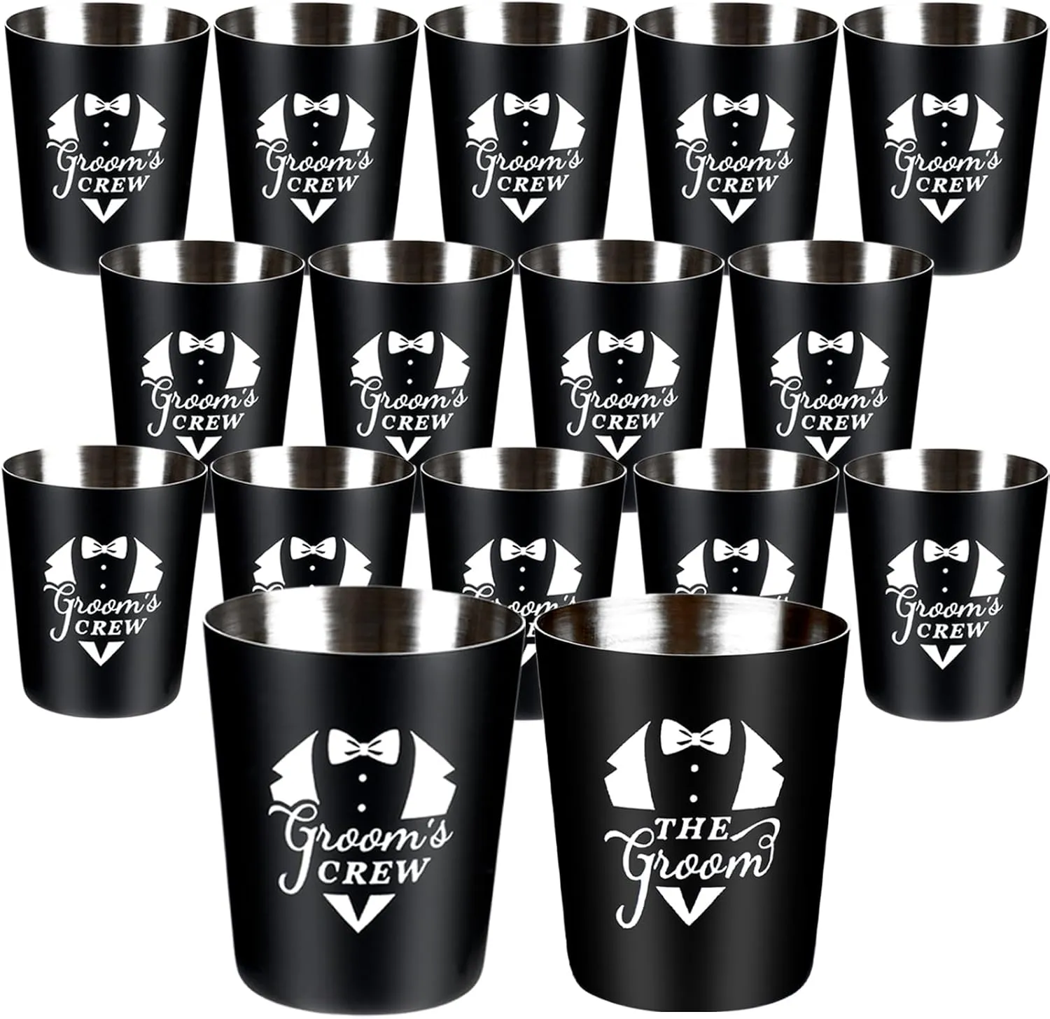 16 Pack Groomsmen Gifts Shot Glasses,Bachelor Party Favors for Men,Black Stainless Steel Tuxedo Shot Glass Set,Personalized Shot Glasses Gift for Groomsmen,Bachelor Wedding Proposal Party Gifts