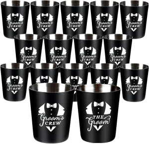 16 Pack Groomsmen Gifts Shot Glasses,Bachelor Party Favors for Men,Black Stainless Steel Tuxedo Shot Glass Set,Personalized Shot Glasses Gift for Groomsmen,Bachelor Wedding Proposal Party Gifts