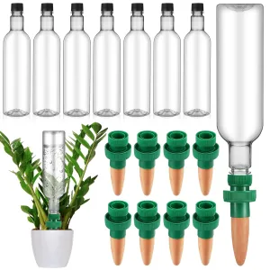 16 Pack Plant Watering Devices Include 8 Self Watering Spikes and 8 Pack 26 oz Plastic Bottles Plant Waterer Devices with Adjustable Control Valve Switch Indoor Outdoor(Clear)