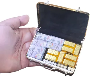 1:6 Scale Miniature Golden Briefcase Set - Includes 8 Fake Gold Bars, 12 Bundles of $100 Mini Dollar Bills, and 10 Vintage Coins - Unique Adult NoveltyToy & Dollhouse Accessories