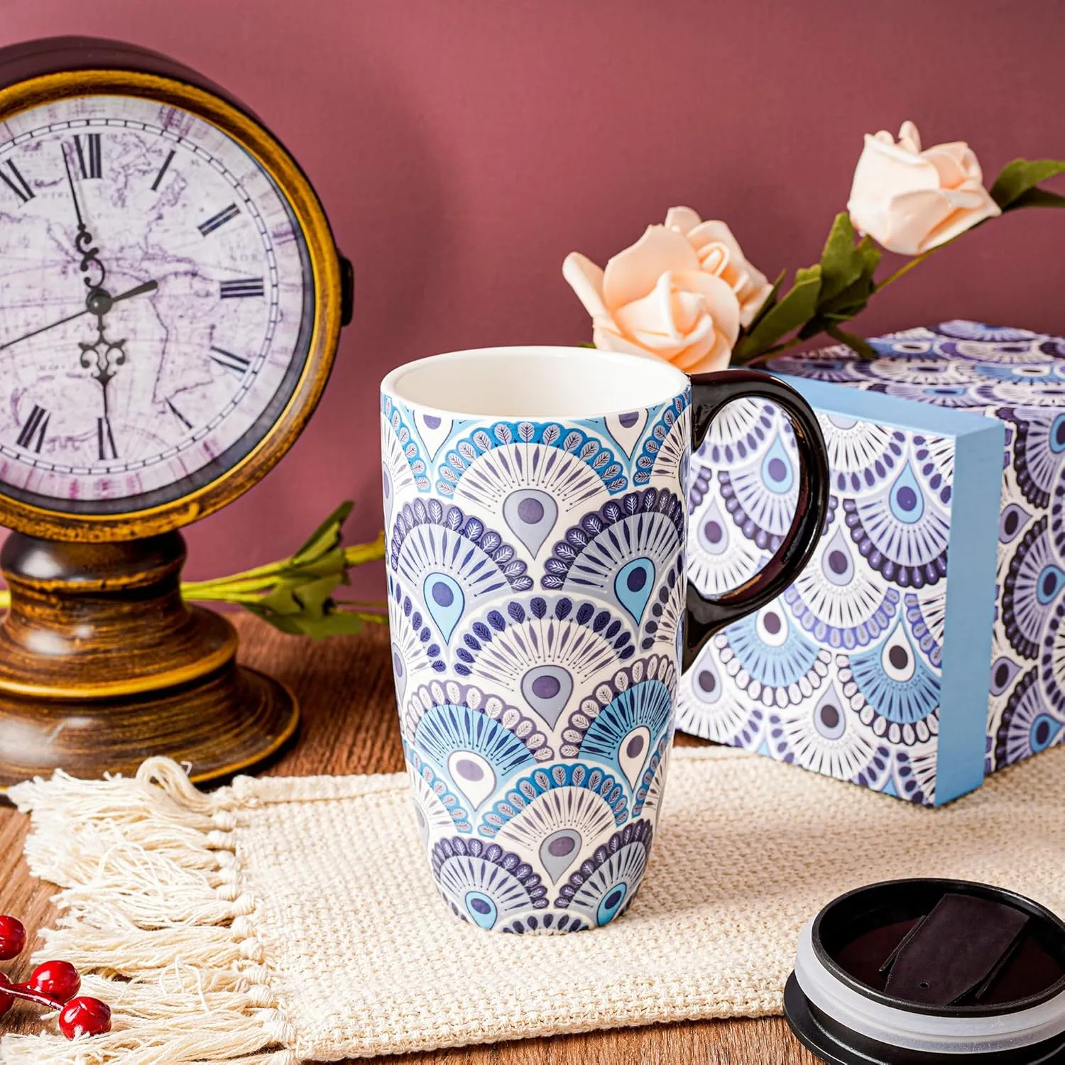 17oz Ceramic Coffee Travel Mug with Handle & Splash-Resistant Slider Lid, Large Capacity Porcelain Tall Tea Art Cup with in Color Box, 6.5" H Peacock Mug