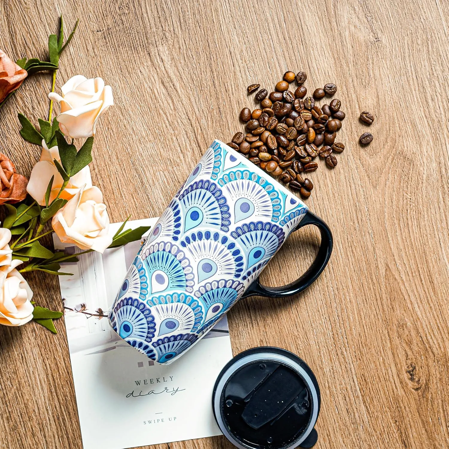 17oz Ceramic Coffee Travel Mug with Handle & Splash-Resistant Slider Lid, Large Capacity Porcelain Tall Tea Art Cup with in Color Box, 6.5" H Peacock Mug
