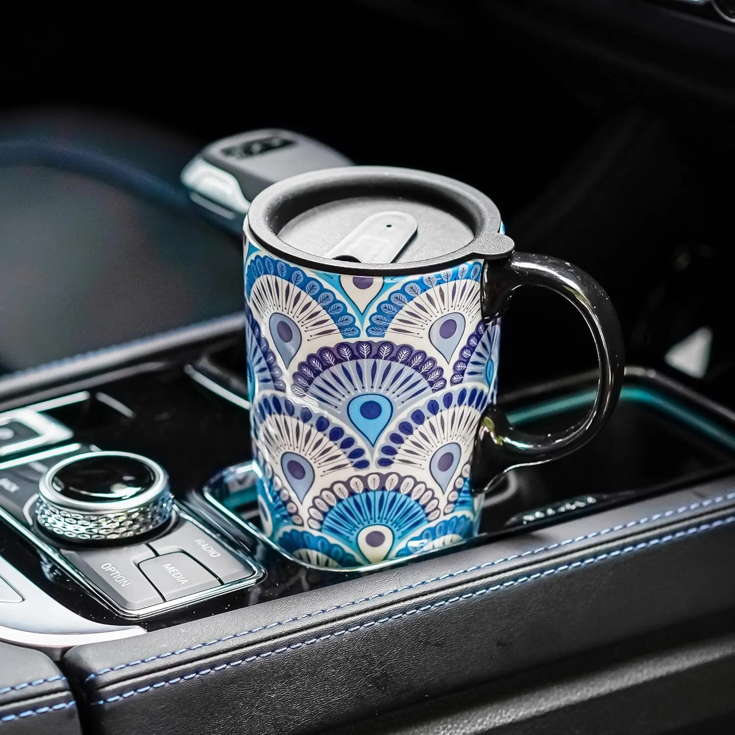 17oz Ceramic Coffee Travel Mug with Handle & Splash-Resistant Slider Lid, Large Capacity Porcelain Tall Tea Art Cup with in Color Box, 6.5" H Peacock Mug