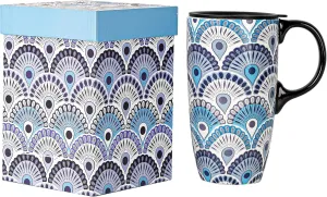 17oz Ceramic Coffee Travel Mug with Handle & Splash-Resistant Slider Lid, Large Capacity Porcelain Tall Tea Art Cup with in Color Box, 6.5" H Peacock Mug