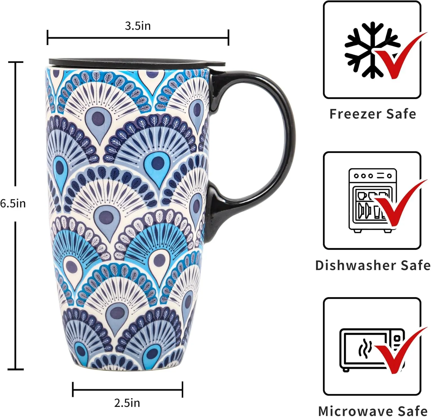 17oz Ceramic Coffee Travel Mug with Handle & Splash-Resistant Slider Lid, Large Capacity Porcelain Tall Tea Art Cup with in Color Box, 6.5" H Peacock Mug