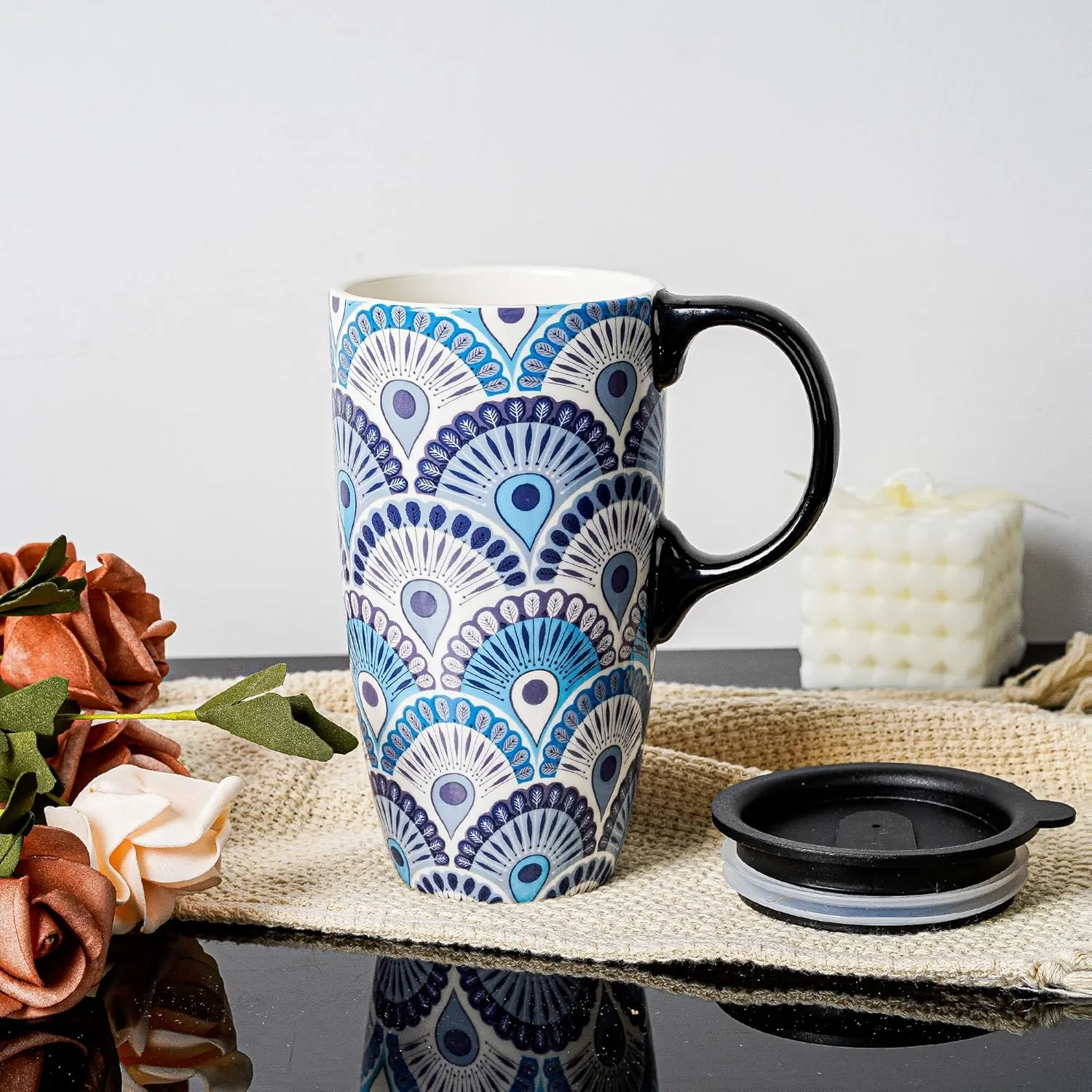 17oz Ceramic Coffee Travel Mug with Handle & Splash-Resistant Slider Lid, Large Capacity Porcelain Tall Tea Art Cup with in Color Box, 6.5" H Peacock Mug