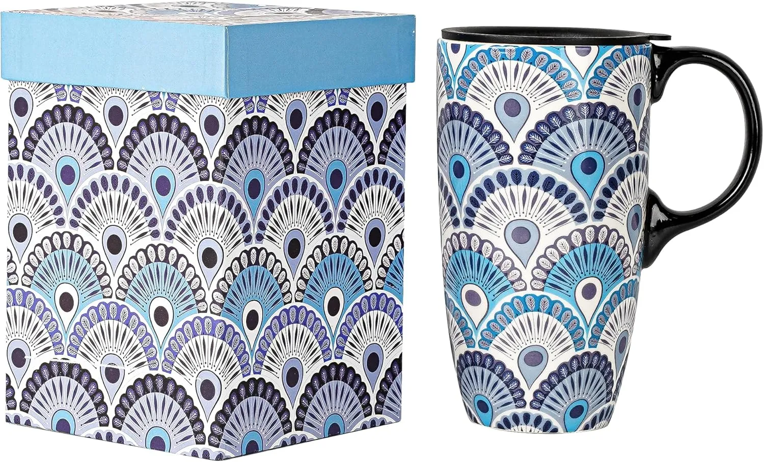 17oz Ceramic Coffee Travel Mug with Handle & Splash-Resistant Slider Lid, Large Capacity Porcelain Tall Tea Art Cup with in Color Box, 6.5" H Peacock Mug