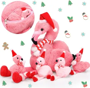 18 Inch Christmas Flamingo Stuffed Animal Toy with 4 Small Christmas Plush Flamingo with Santa Hat Inside Pink Plushie Xmas Plush Decoration for Party Decor
