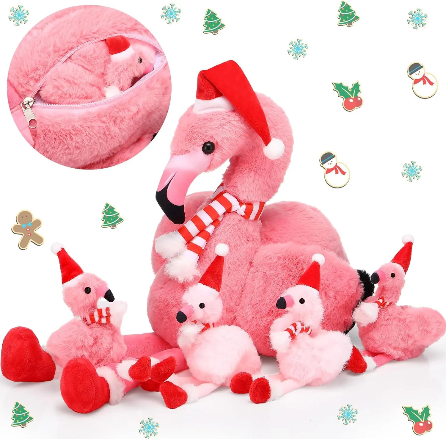 18 Inch Christmas Flamingo Stuffed Animal Toy with 4 Small Christmas Plush Flamingo with Santa Hat Inside Pink Plushie Xmas Plush Decoration for Party Decor