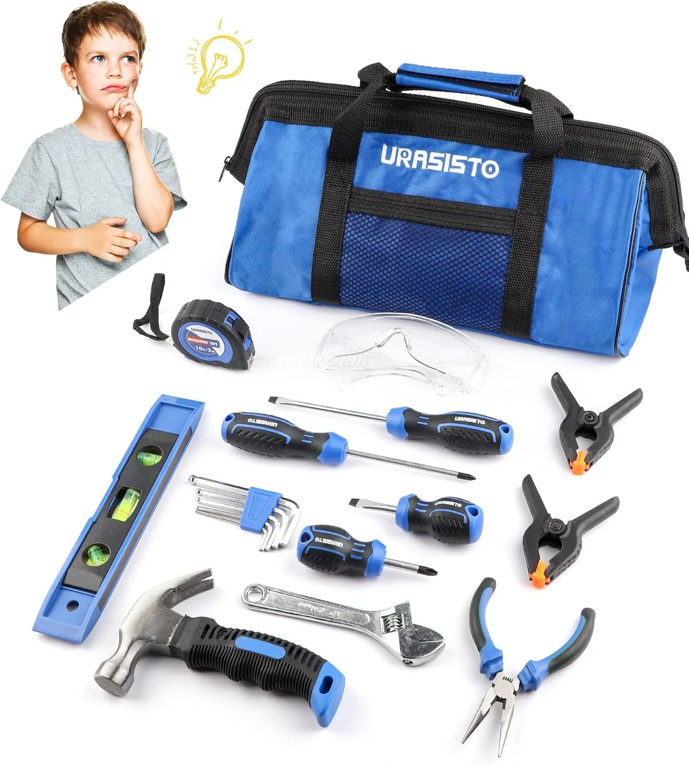 18-Piece Kids Tool Set with Tool Storage Bag, Junior Real Hand Tool Kit for Boys & Girls, Children Learning Tools for DIY Building and Woodworking, Age 8 