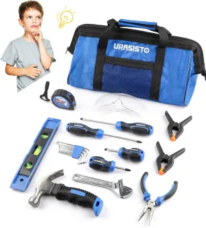 18-Piece Kids Tool Set with Tool Storage Bag, Junior Real Hand Tool Kit for Boys & Girls, Children Learning Tools for DIY Building and Woodworking, Age 8 