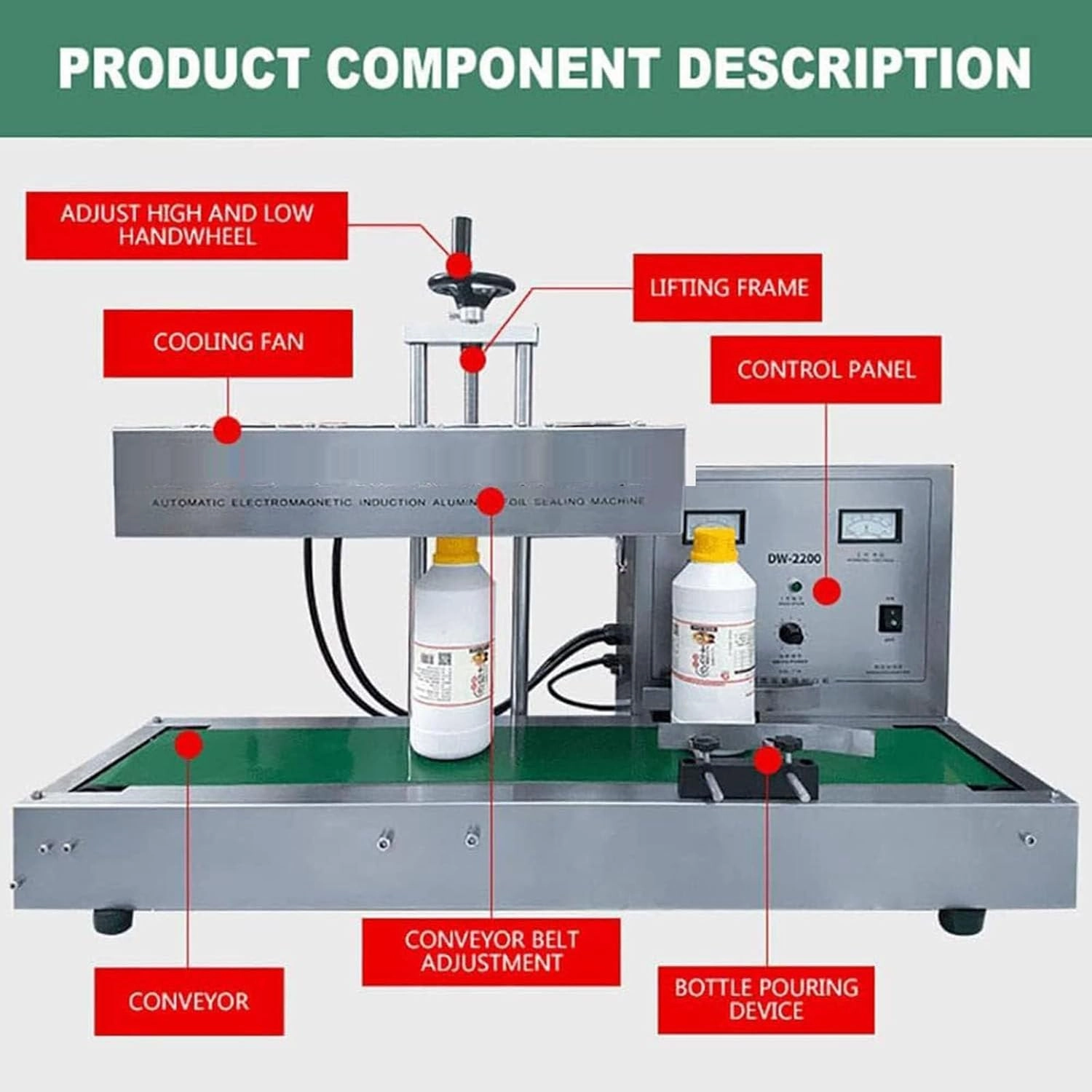 1800W Automatic Aluminum Foil Sealing Machine Continuous Electromagnetic Induction Band Bag Sealer Plastic Bottle Cap Sealer Auto Continuous Sealing Machine,Bottlemouthdiameter50-120mm-110V