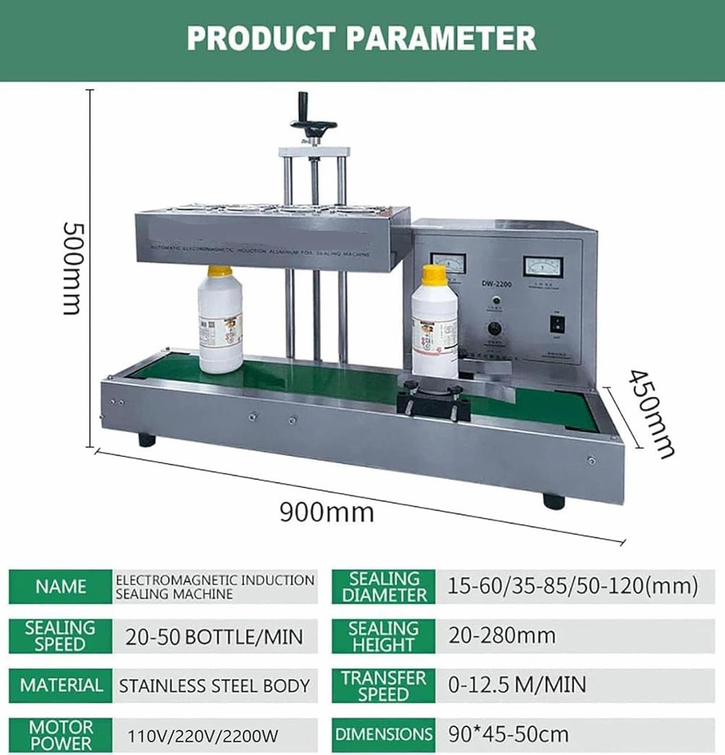 1800W Automatic Aluminum Foil Sealing Machine Continuous Electromagnetic Induction Band Bag Sealer Plastic Bottle Cap Sealer Auto Continuous Sealing Machine,Bottlemouthdiameter50-120mm-110V