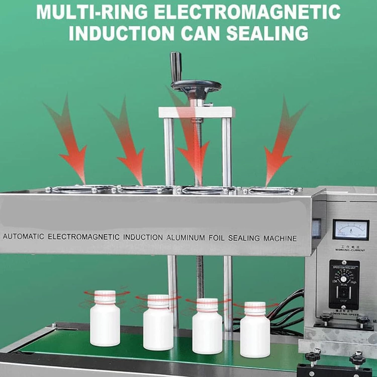 1800W Automatic Aluminum Foil Sealing Machine Continuous Electromagnetic Induction Band Bag Sealer Plastic Bottle Cap Sealer Auto Continuous Sealing Machine,Bottlemouthdiameter50-120mm-110V