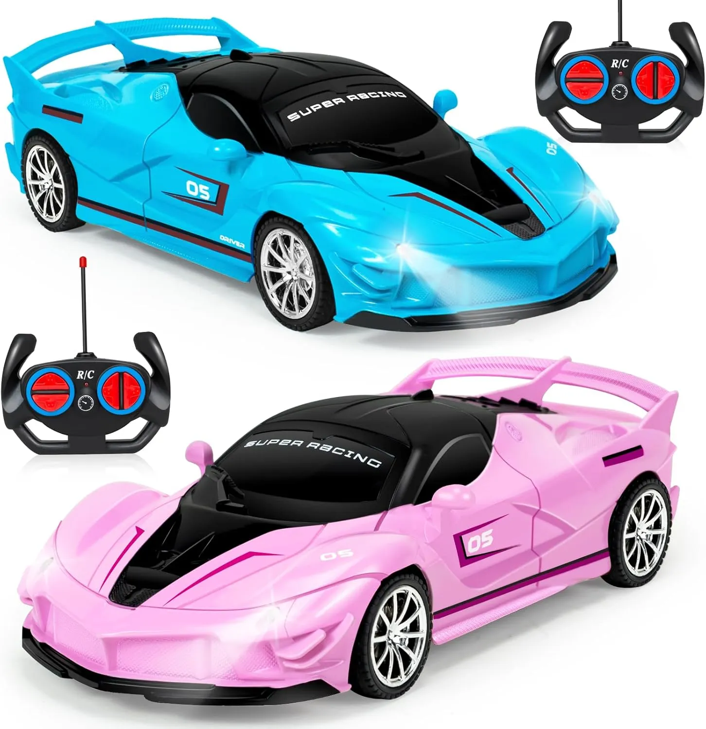 2 Pack Remote Control Car Toys for Boys Kids, Rc Cars Toy Vehicle with Headlight & Controller, Rc Racing Car for Boys Girls Age 3 4 5 6 7 8 Birthday Gift(Blue Pink)