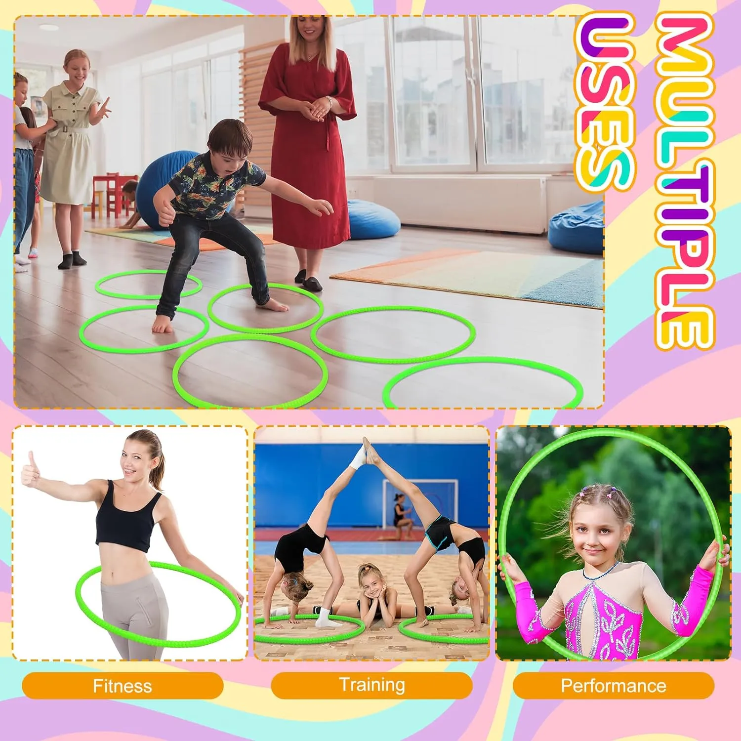 2 Pcs Toy Hoop Exercise Hoop Detachable Adjustable Plastic Toy Ring Playground Equipment for School Colored Circles Exercise Ring for Teens Dog Agility Equipment(Green,26 Inch)