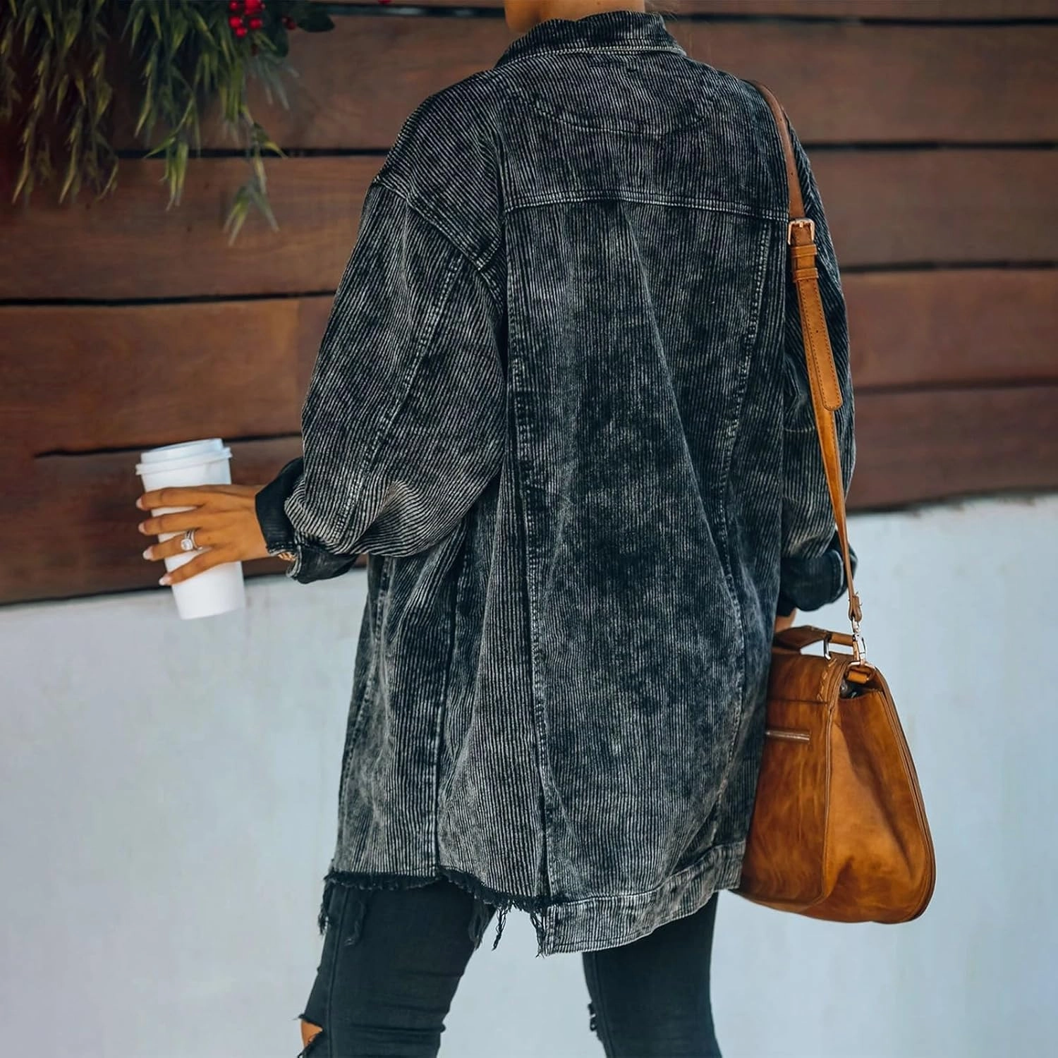 2023 Womens Corduroy Shacket Jacket Fall Long Sleeve Button Down Shirt Jackets Trendy Distressed Retr Coat with Pockets