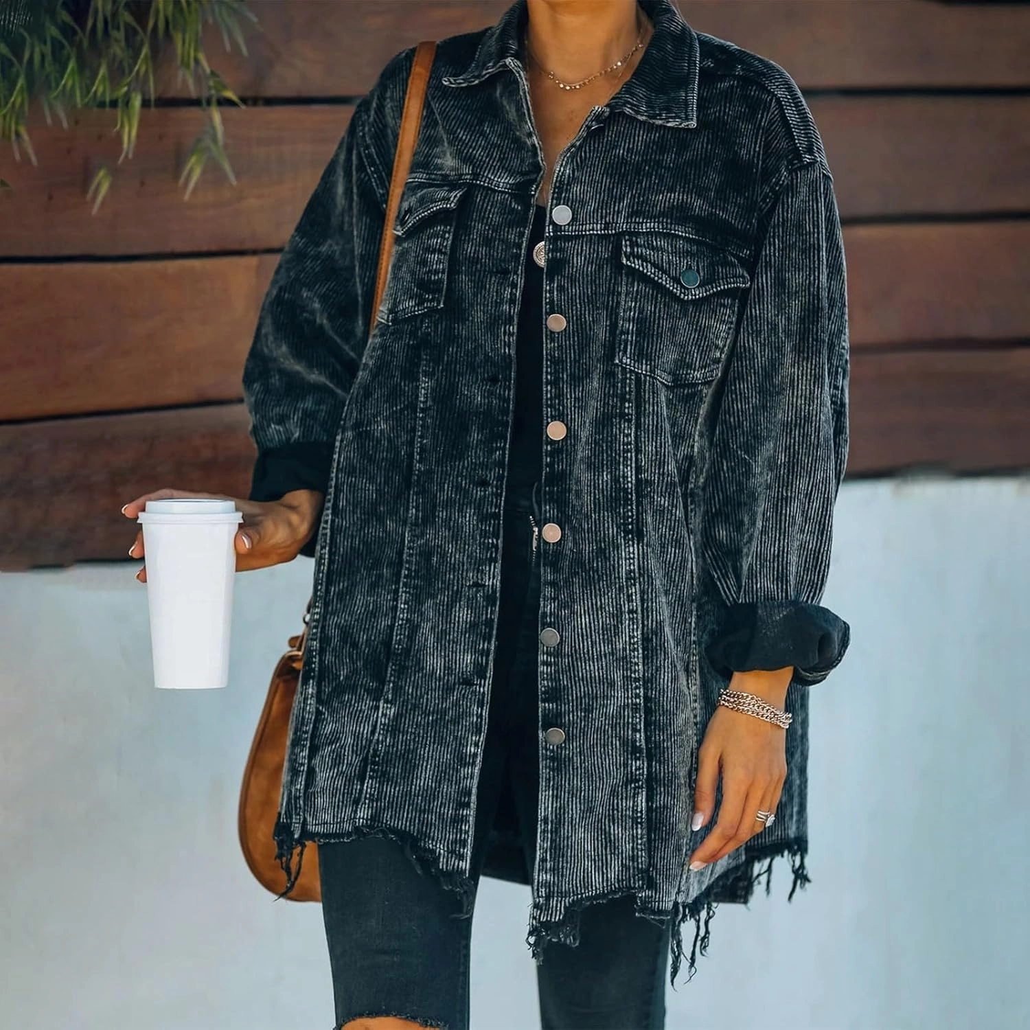 2023 Womens Corduroy Shacket Jacket Fall Long Sleeve Button Down Shirt Jackets Trendy Distressed Retr Coat with Pockets