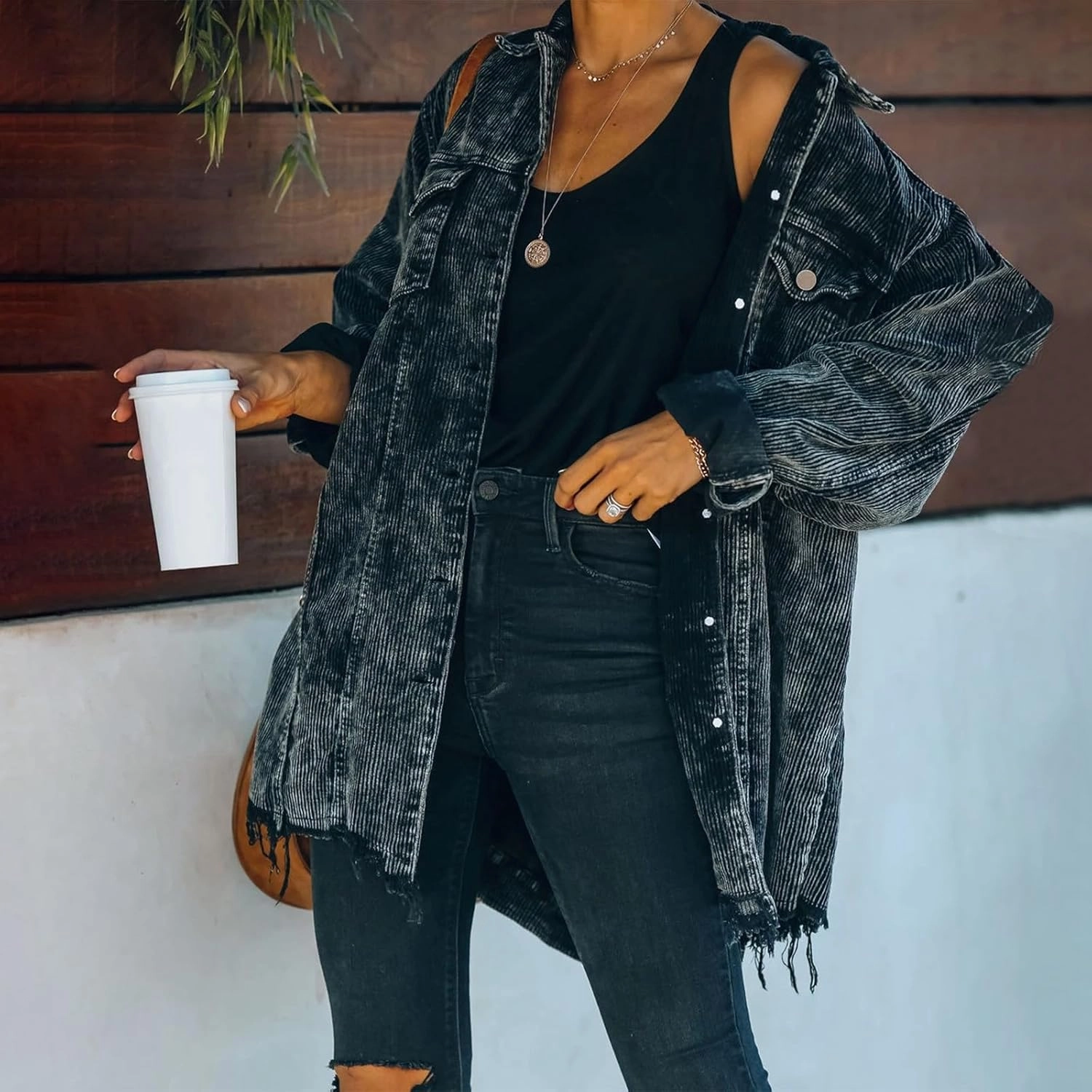 2023 Womens Corduroy Shacket Jacket Fall Long Sleeve Button Down Shirt Jackets Trendy Distressed Retr Coat with Pockets