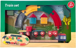 21 Pc Starter Wooden Train Set Train Tracks & Accessories, Magnetic Trains Cars for Toddlers & Older Kids Compatible with Major Brand Train Sets