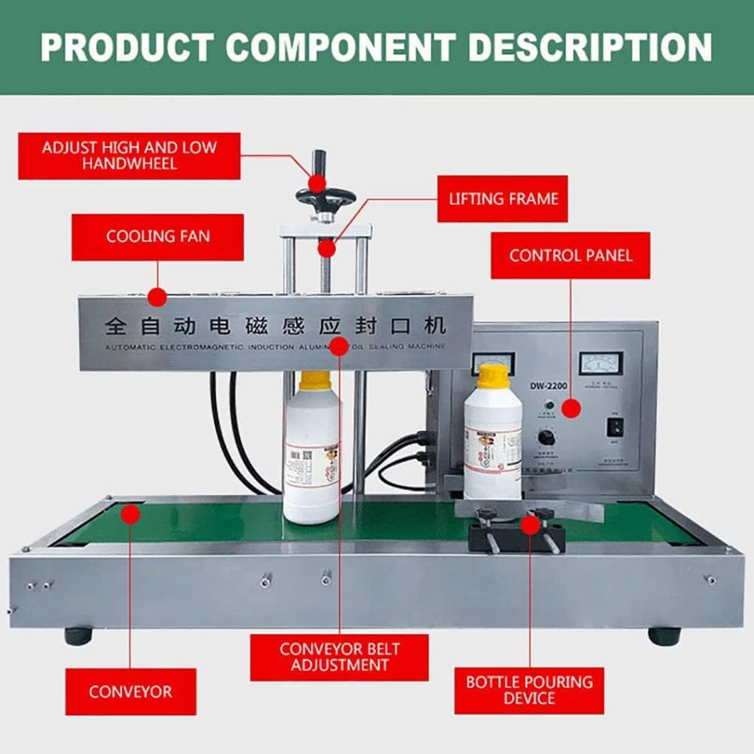2200W Automatic Aluminum Foil Sealing Machine Continuous Electromagnetic Induction Band Bag Sealer Plastic Bottle Cap Sealer Auto Continuous Sealing Machine,Diameter60-130mm