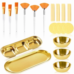 23 Pcs Esthetician Supplies 3 Stainless Steel Gold Mixing Bowls Gold Small Serving Tray 3 Compartment Serving Tray 3 Facial Fan Brushes 3 Face Mask Applicator Brush 12 Facial Sponge Compressed Round