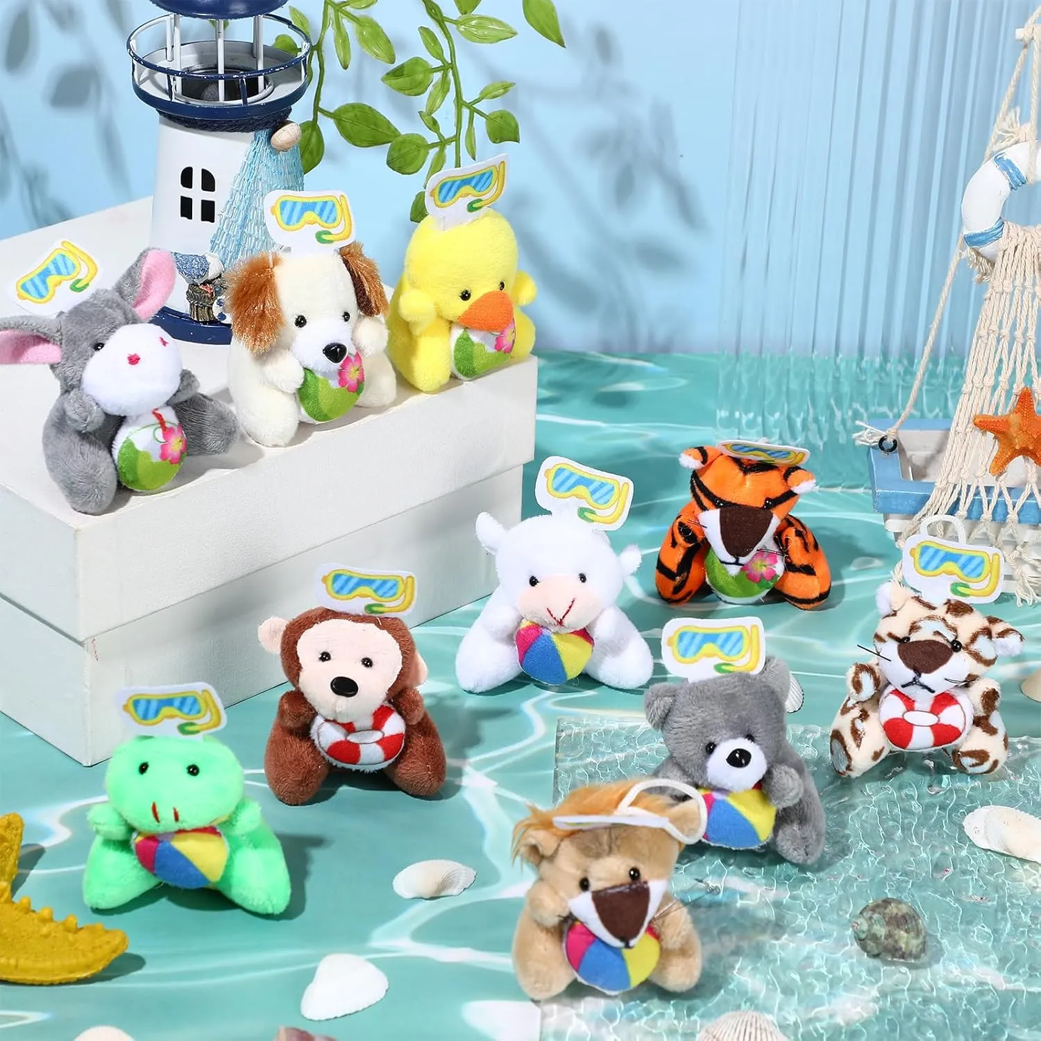 24 Pcs Summer Mini Stuffed Animal Bulk Pool Style Plush Keychain Party Favors Swimming Pool Small Plush Animal Toys with Diving Goggles for Beach Sea Party Favors Gifts Decor Award