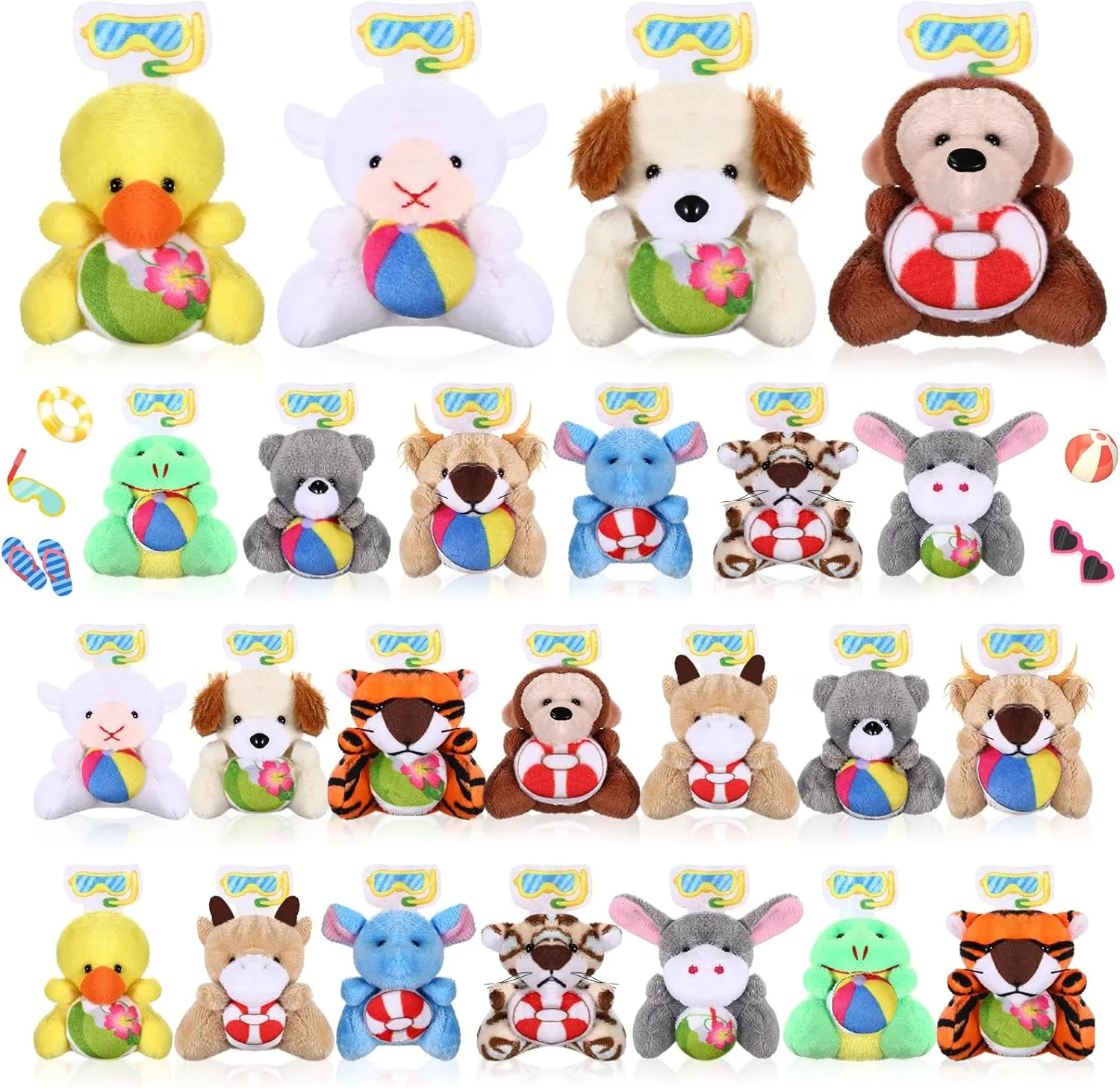 24 Pcs Summer Mini Stuffed Animal Bulk Pool Style Plush Keychain Party Favors Swimming Pool Small Plush Animal Toys with Diving Goggles for Beach Sea Party Favors Gifts Decor Award